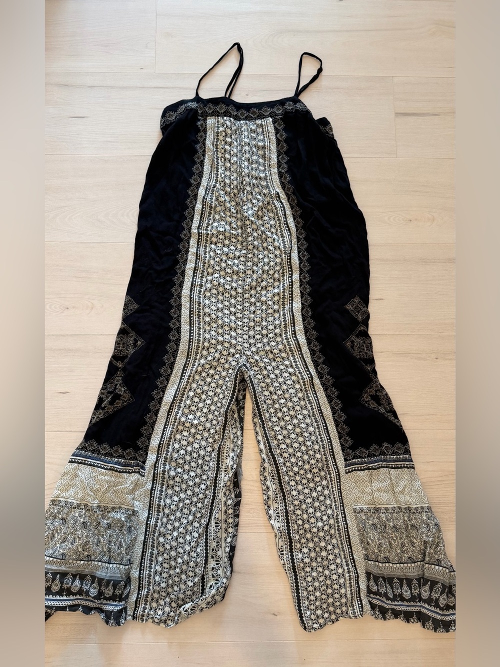 Free People Black and Gold Patterned Jumpsuit